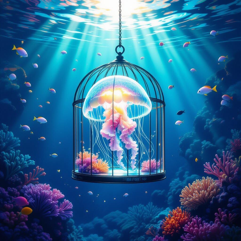 Bioluminescent Jellyfish in Glass Cage Amidst Alien Coral Re...