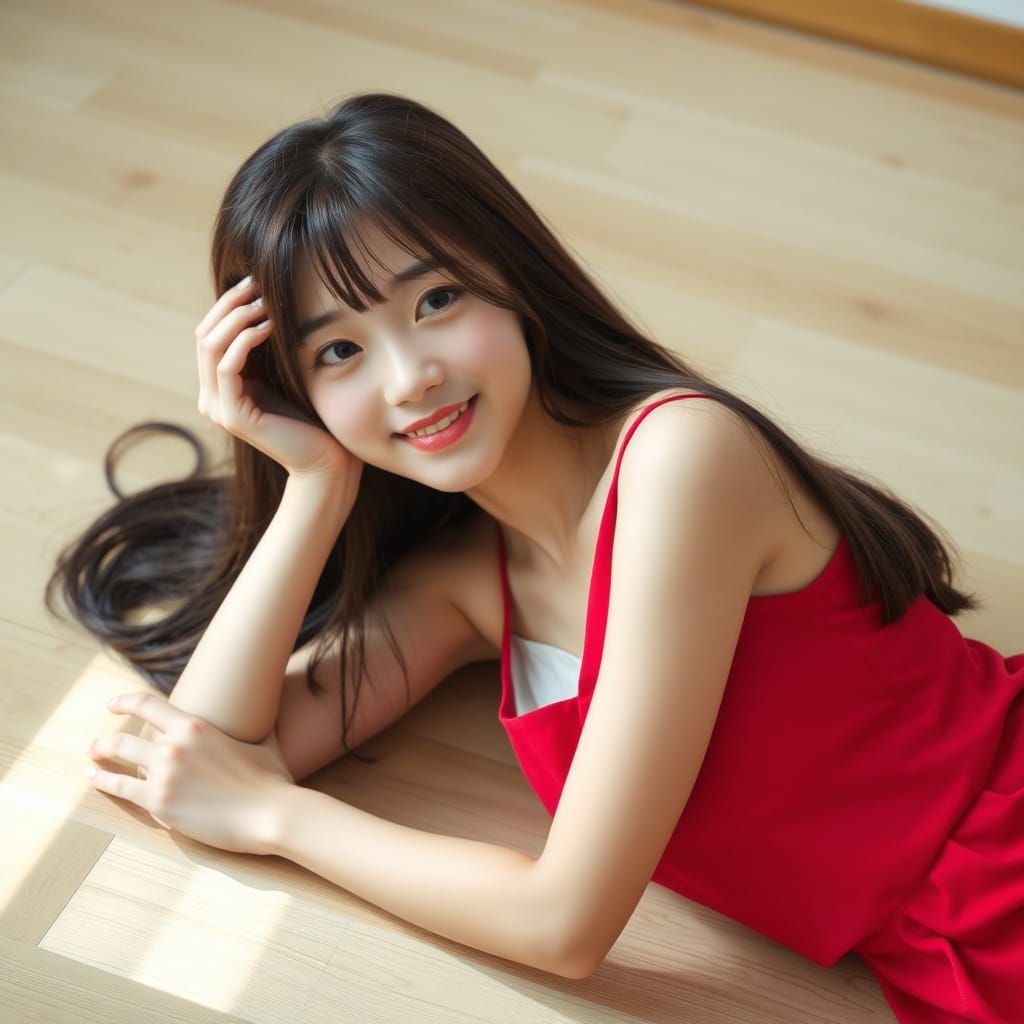 Beautiful Young Japanese Woman in Red Dress