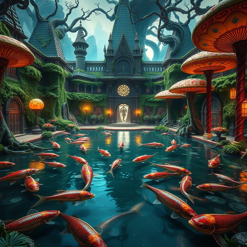 Enchanted Courtyard with Majestic Palace and Whimsical Mushr...