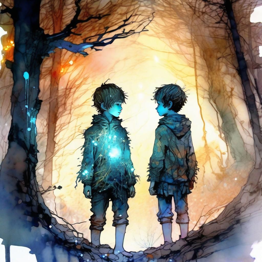 Chibi Brothers Lost in Dark Wood: Watercolor Art