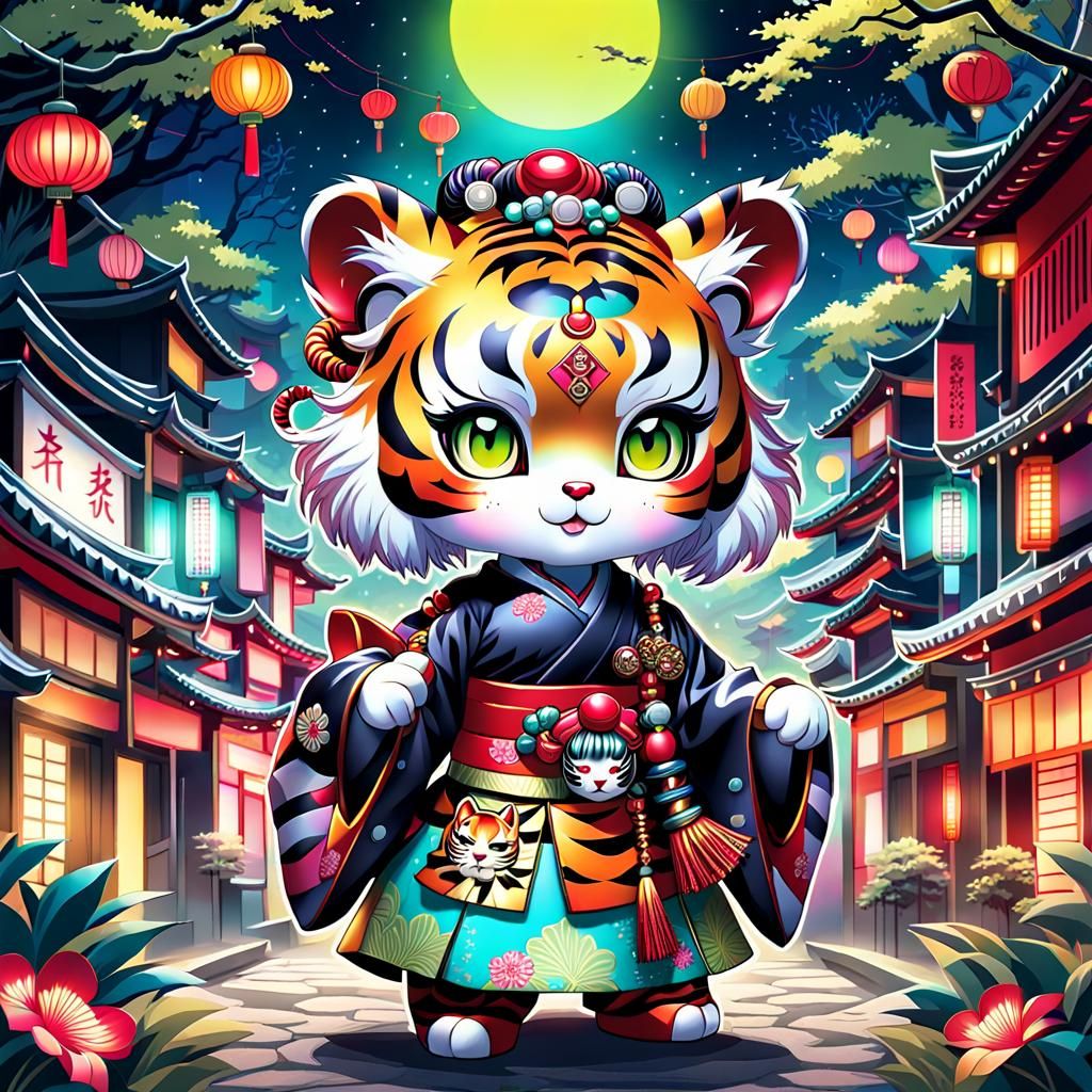 Tiger Geisha in Harajuku Style with Neon Lights