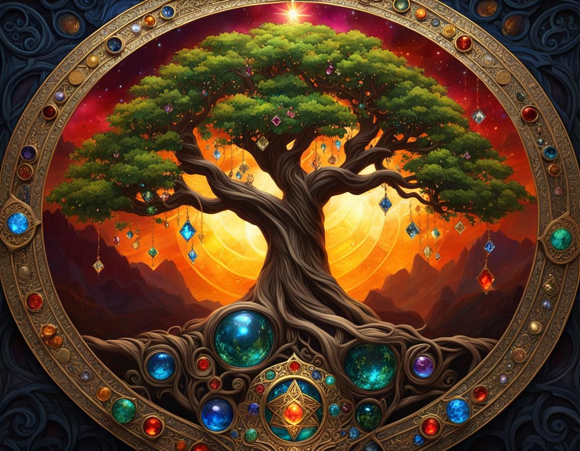 Jeweled Tree of Life: Dark Fantasy Watercolor Art