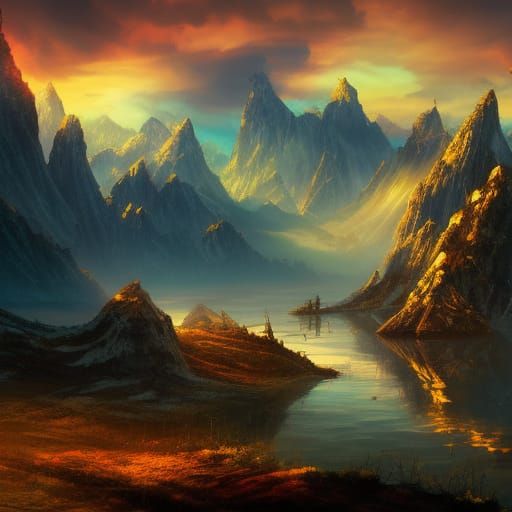 Dragon Lake Reflection in Burtonesque Fantasy Landscape