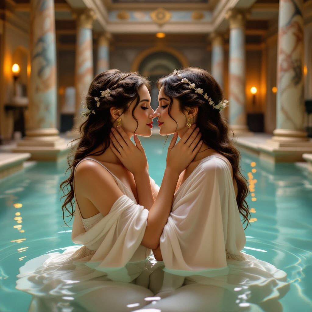 Elf Women Kissing in Roman Bathhouse
