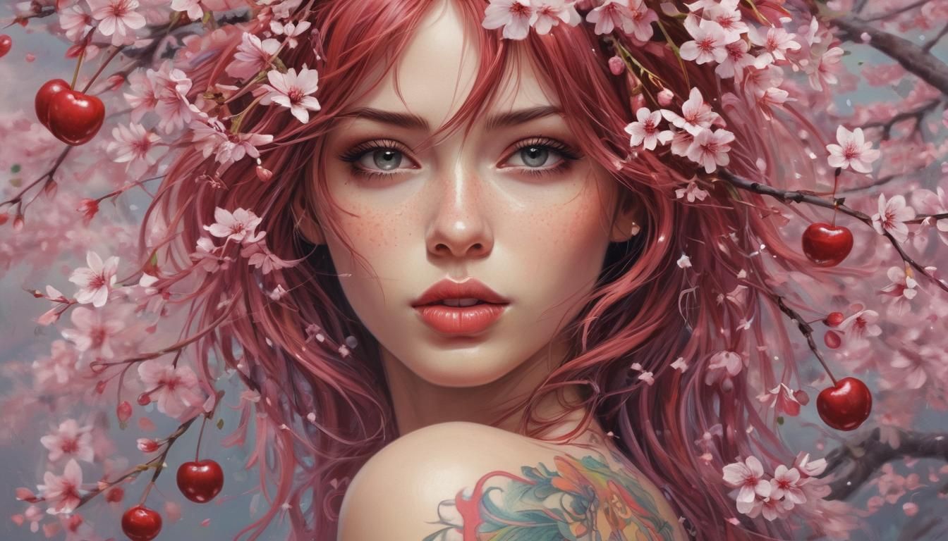 Girl with Cherry Hair by Blooming Cherry Tree