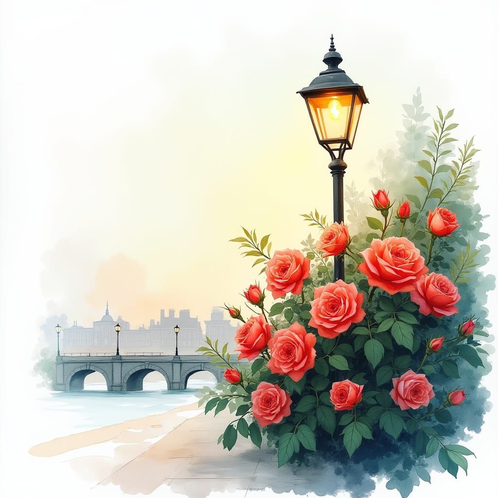 Evening Cityscape with Roses in Watercolor Style