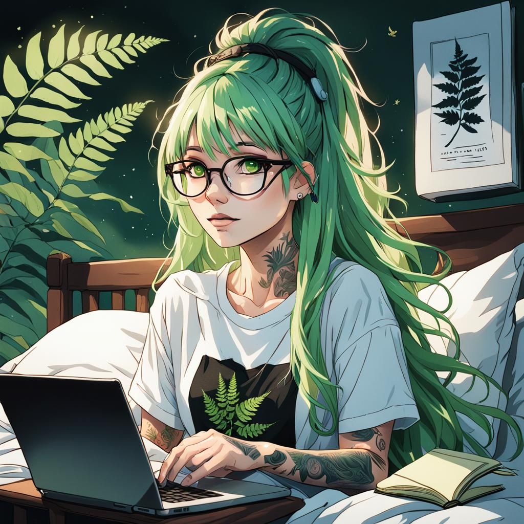 Anime Girl with Fern Tattoo and Birding Books