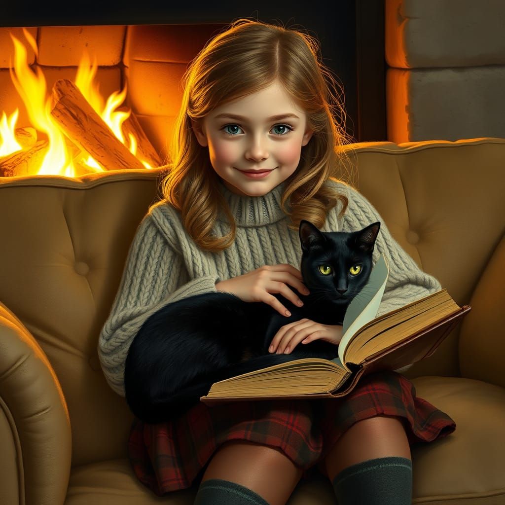 Girl Reading with Cat by Fireplace
