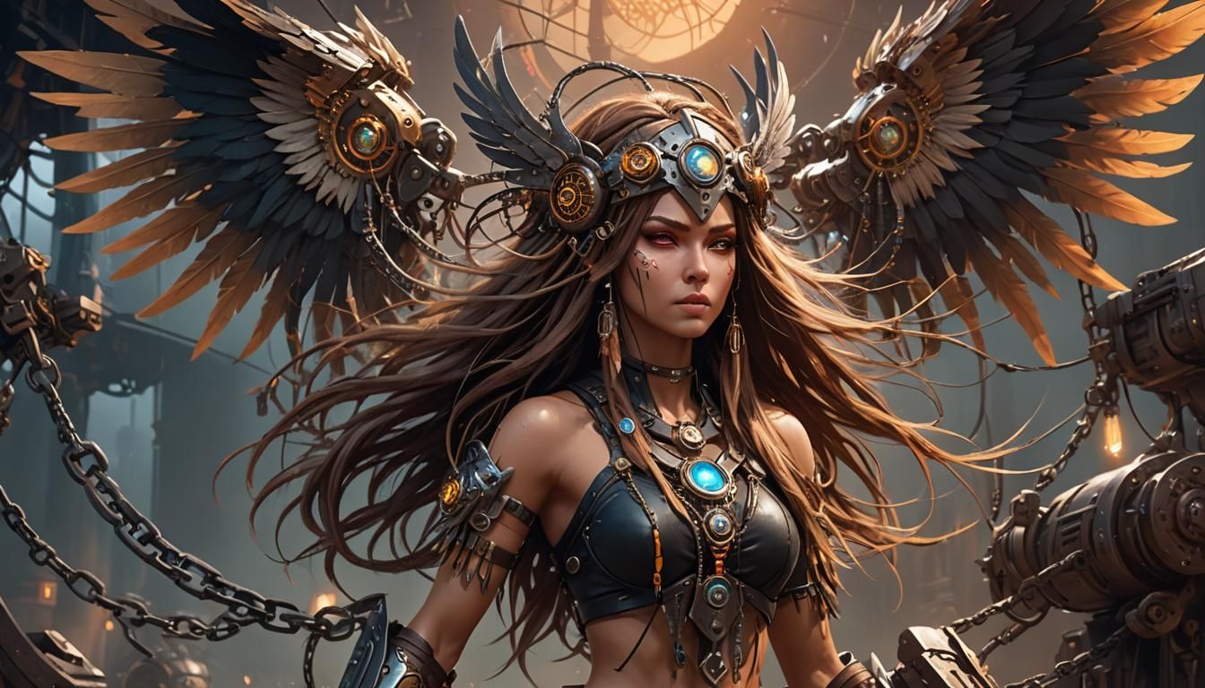 Cybernetic Barbarian Goddess with Wings, Dream Catcher, and...