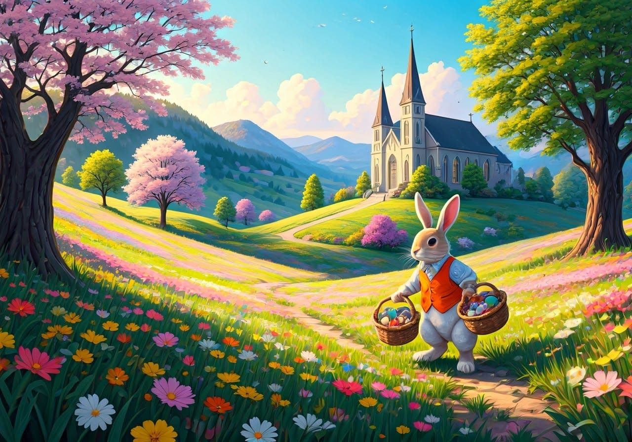 Whimsical Easter Bunny in a Lush Spring Landscape with Wildf...