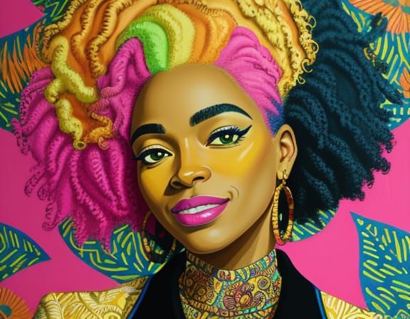 Smiling Black Woman Portrait in Mixed Media Style