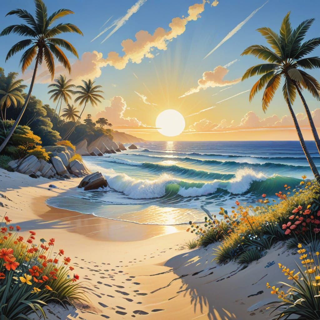 Sunny Beach Paradise in Vibrant Gouache Style