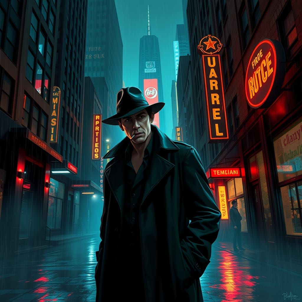 Gritty Noir Detective in a Rainy City Alleyway