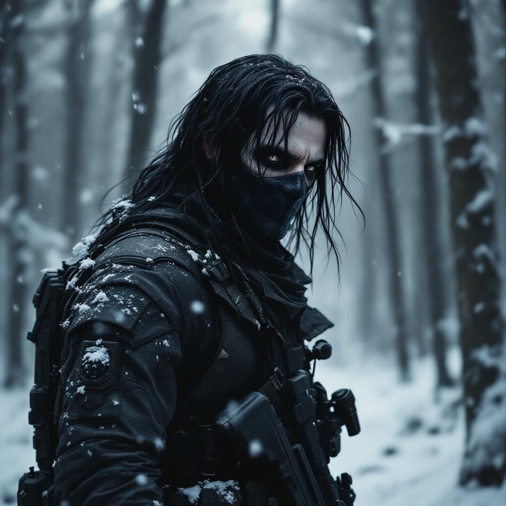 Winter Soldier in Snowy Forest: Digital Art
