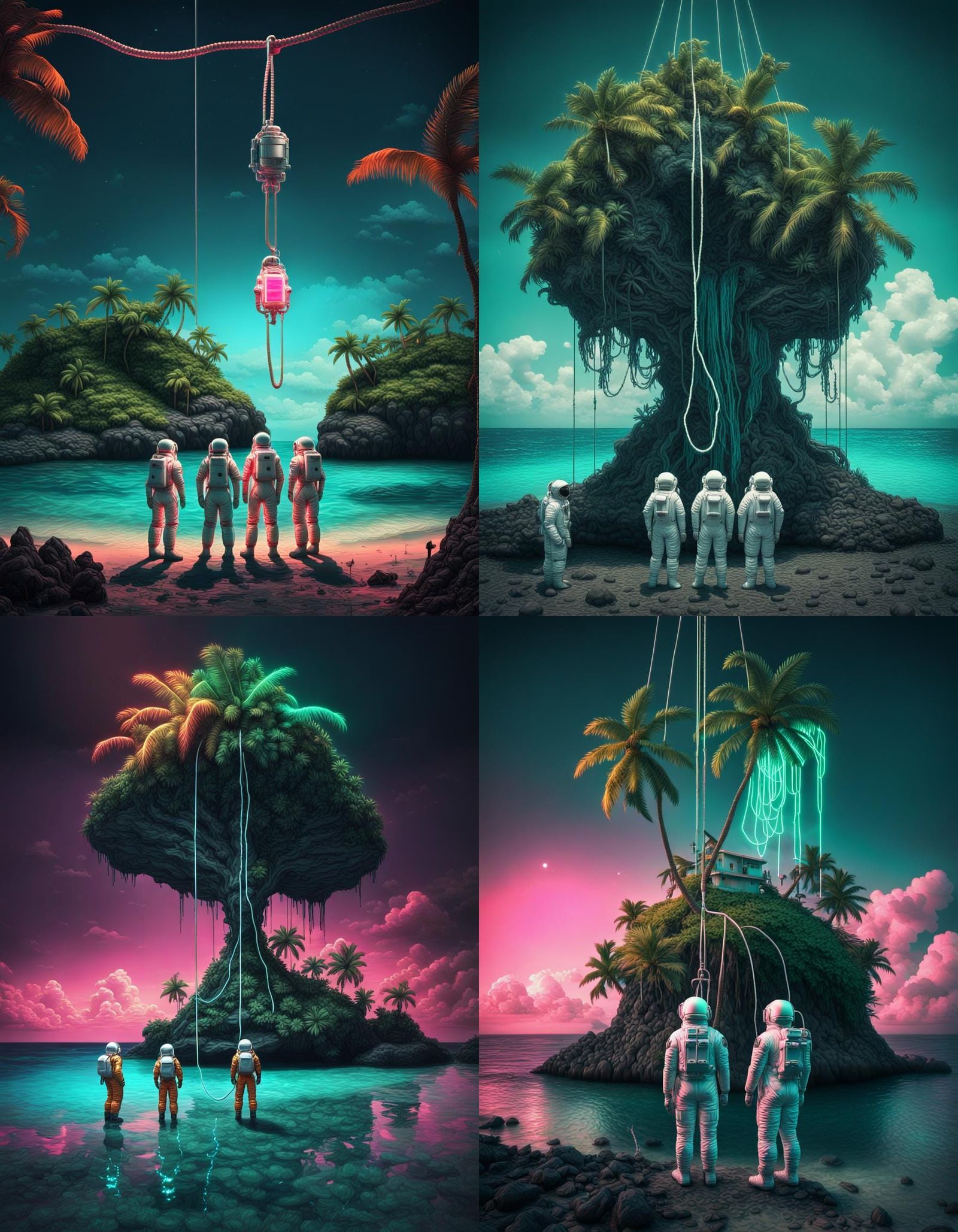 Tropical Island with Astronauts in Retro Neon Style