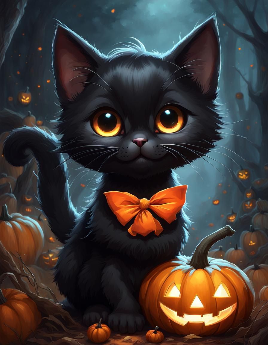 Adorable Black Cat with Jack-o-Lantern in Fantasy Style
