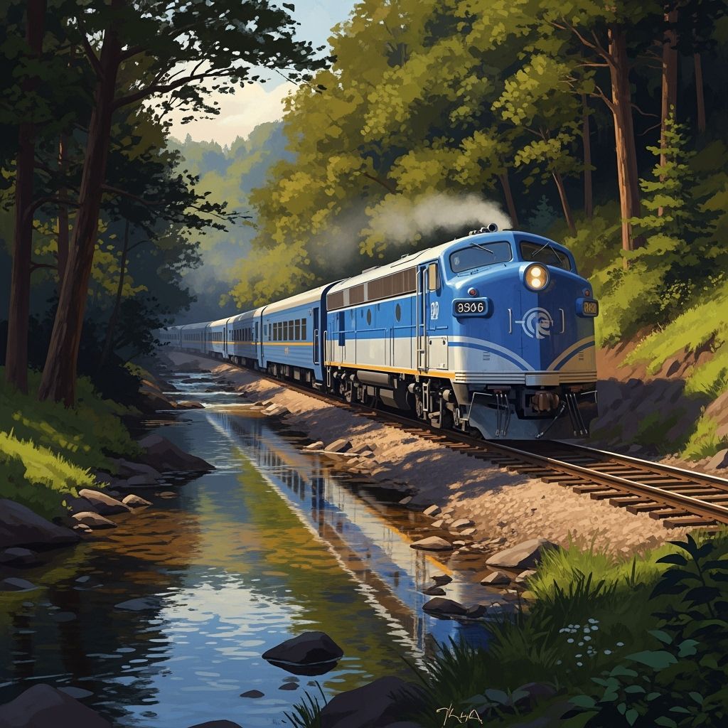 Blue Diesel Train in Forest Landscape with Stream
