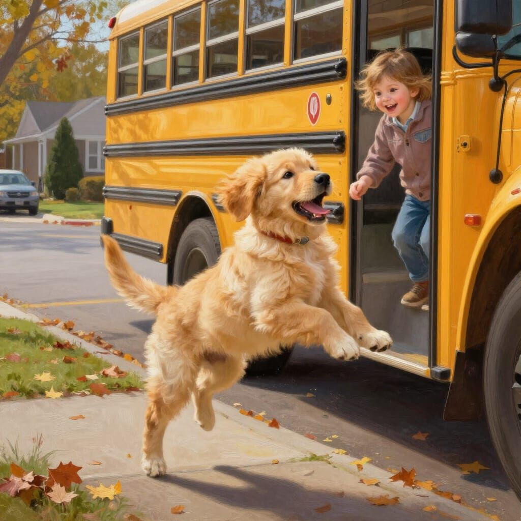 Golden Retriever Puppy Greets Child in Impressionistic Oil P...