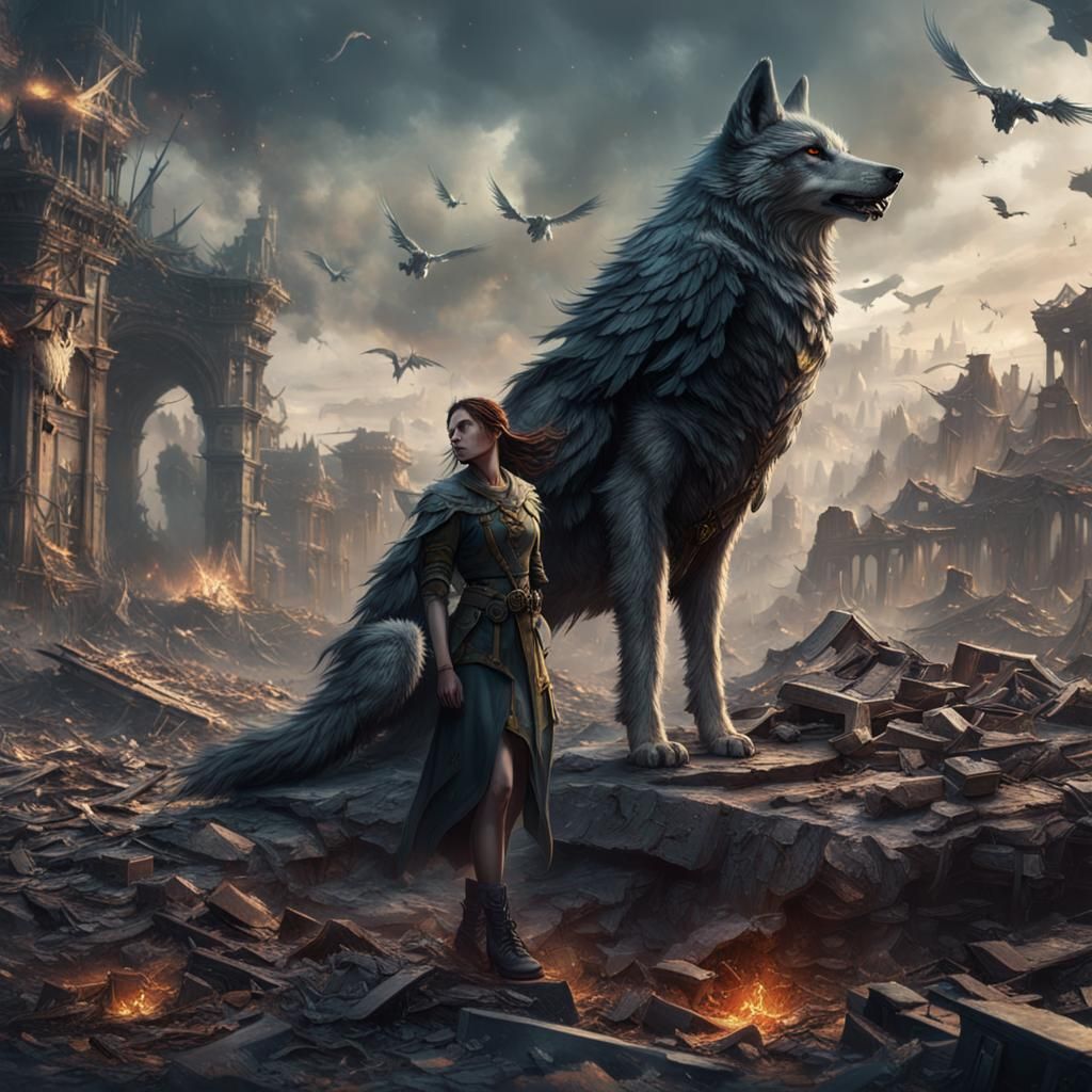 Lonely Angel in War-Torn Landscape