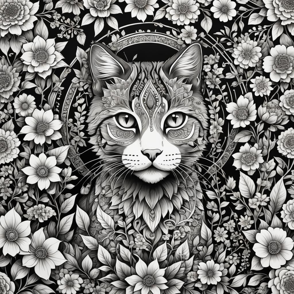 Mandala Cat Coloring Page in Manga Style