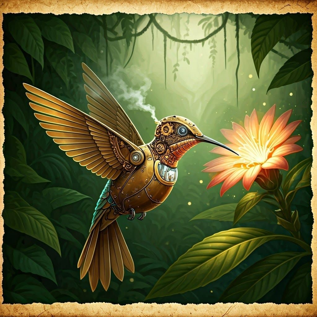 Steampunk Robot Hummingbird in Jungle Illustration