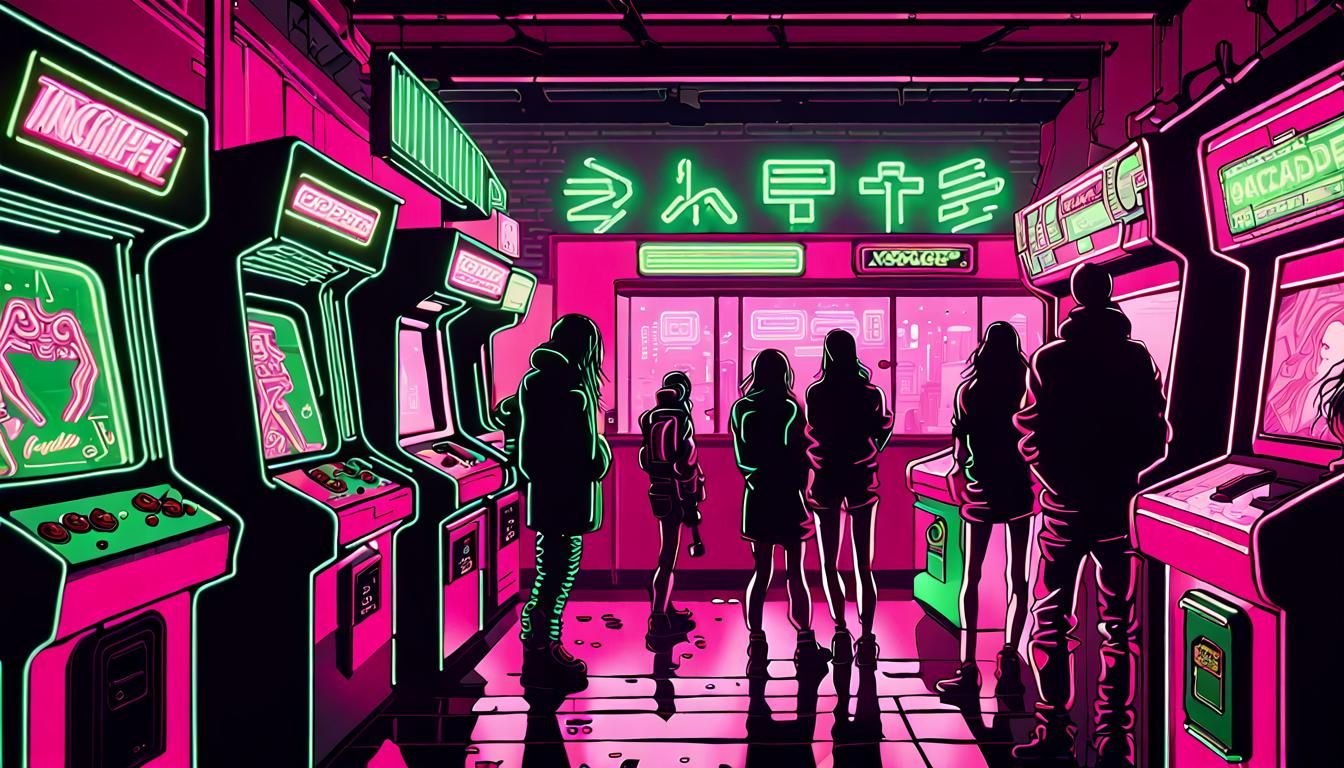 Cyberpunk Arcade with Neon Lights and Post-Apocalyptic Style