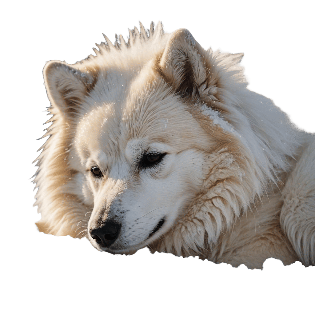 American Eskimo Dog Sleeps in Snowy Landscape