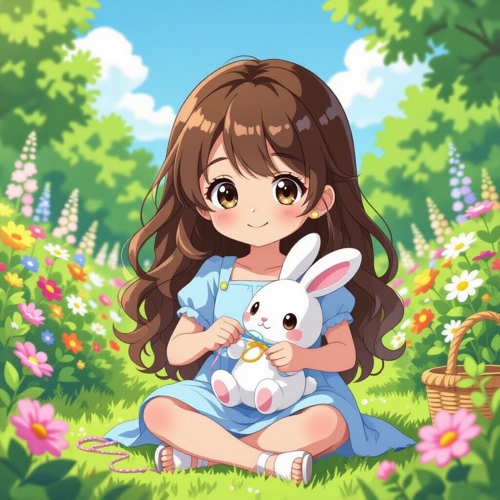 Girl Crocheting Bunny in Kawaii Anime Garden