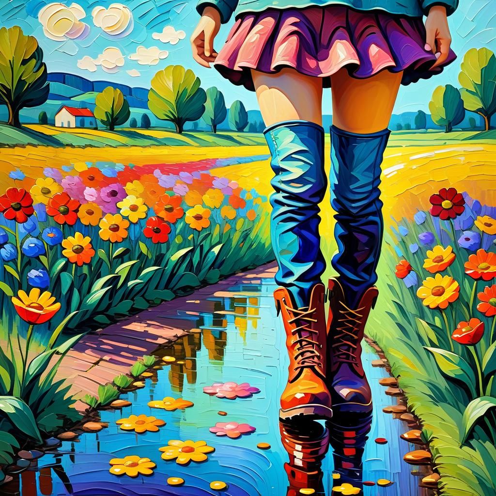 happy flower in boots walking along neo-impressionism expres...