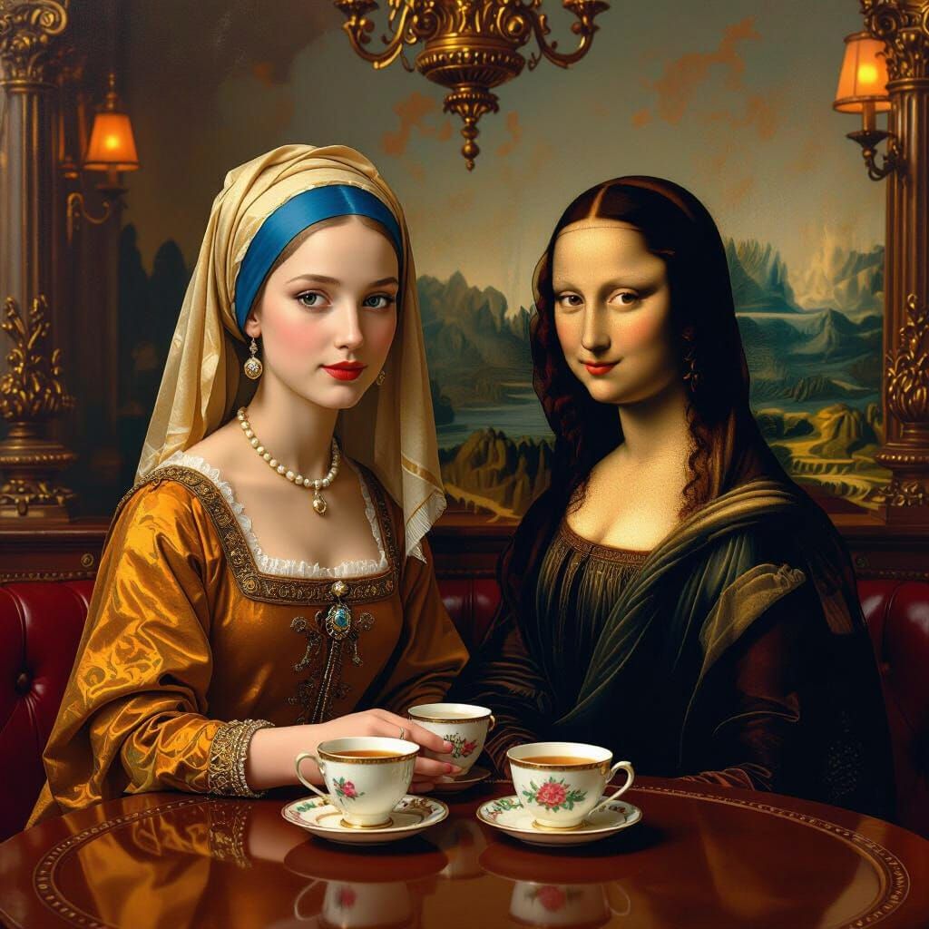 Mona Lisa and Girl with Pearl Earring in 1920s Bar