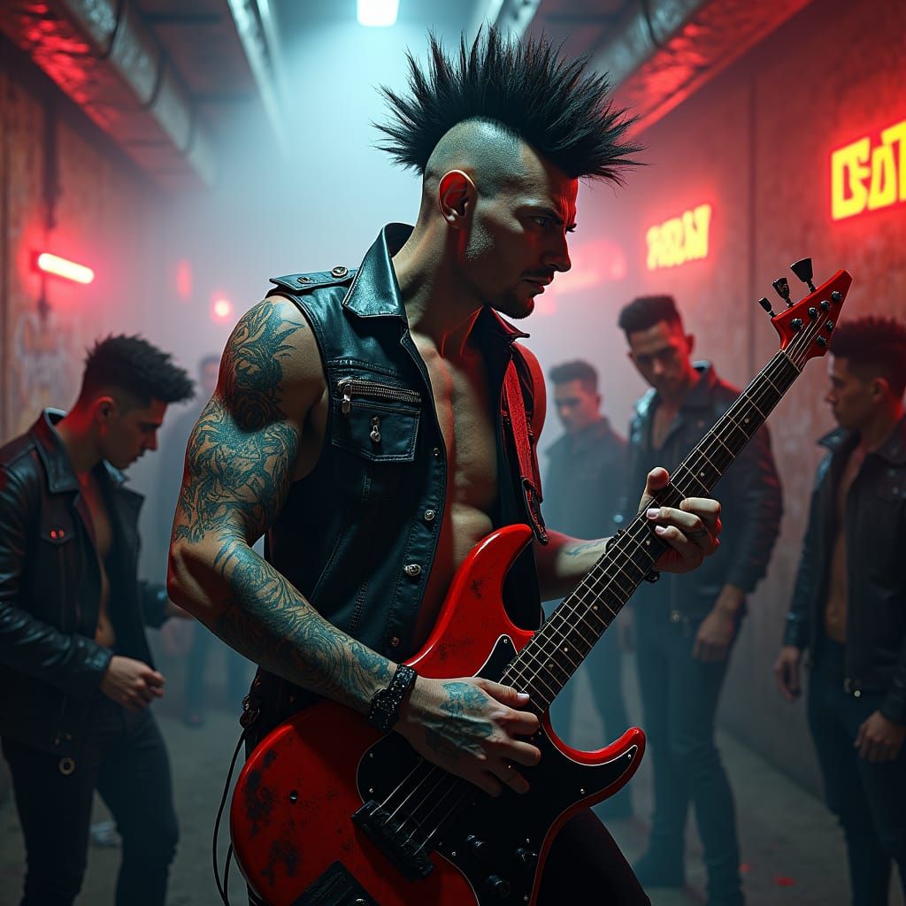 Gritty Punk Rock Guitarist in Underground Club