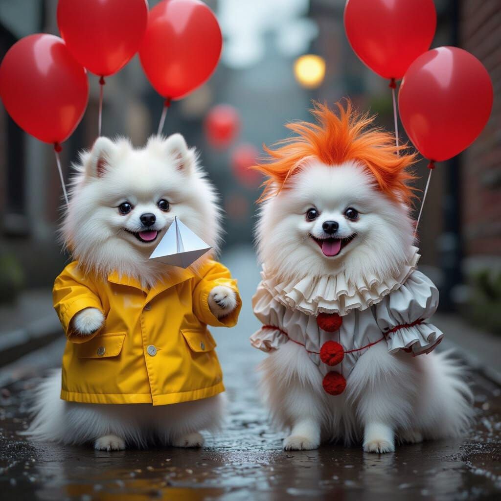 Pomeranians in Raincoat and Pennywise Costume with Red Ballo...