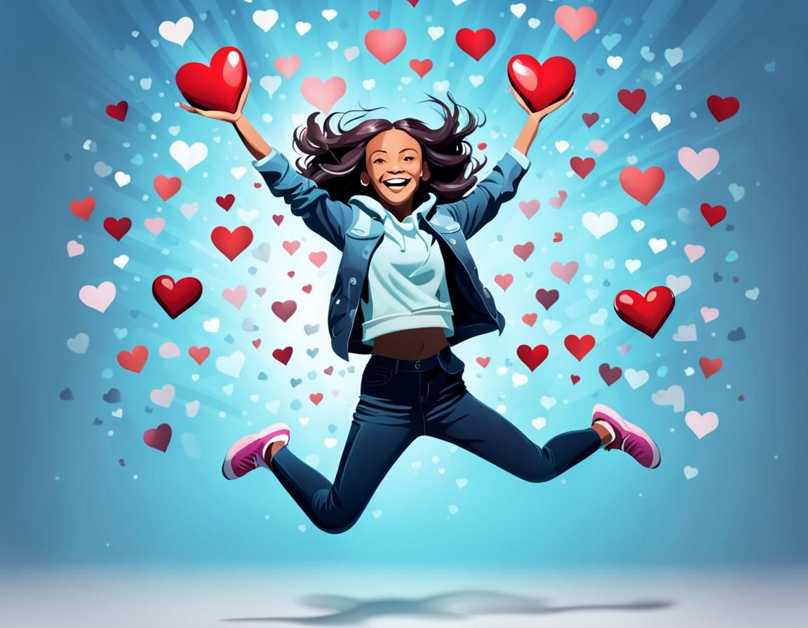 Joyful Anime Girl Surrounded by Floating Hearts