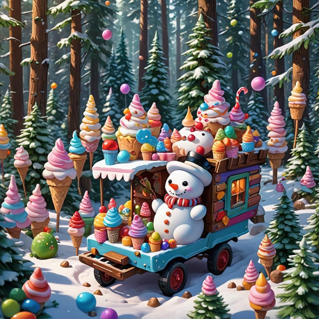 Chibi Candyland Snowman Serves Sweet Treats in Whimsical For...