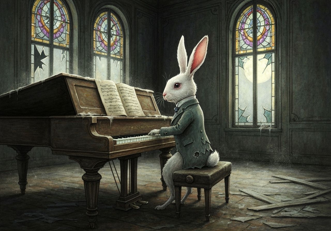Albino Rabbit Pianist in Abandoned Ballroom