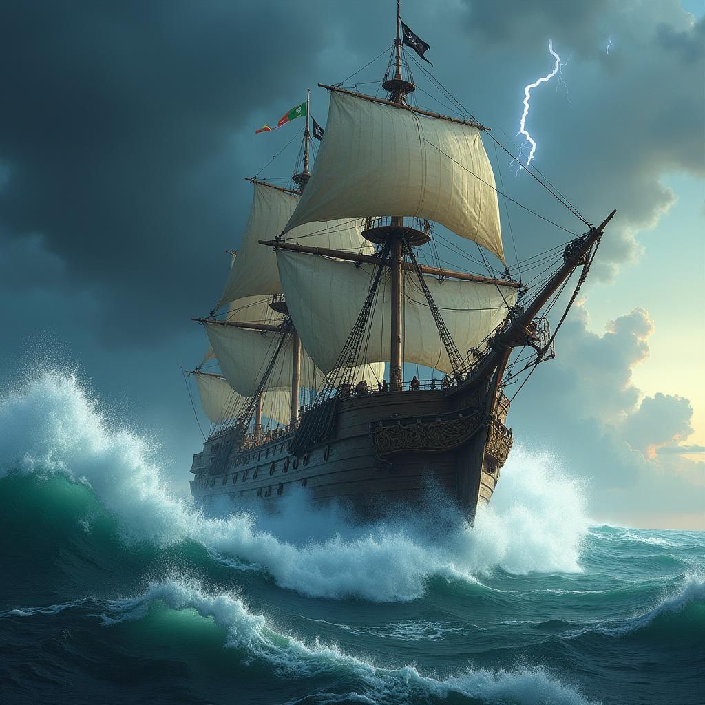 Pirate Ship Navigates Violent Stormy Seas