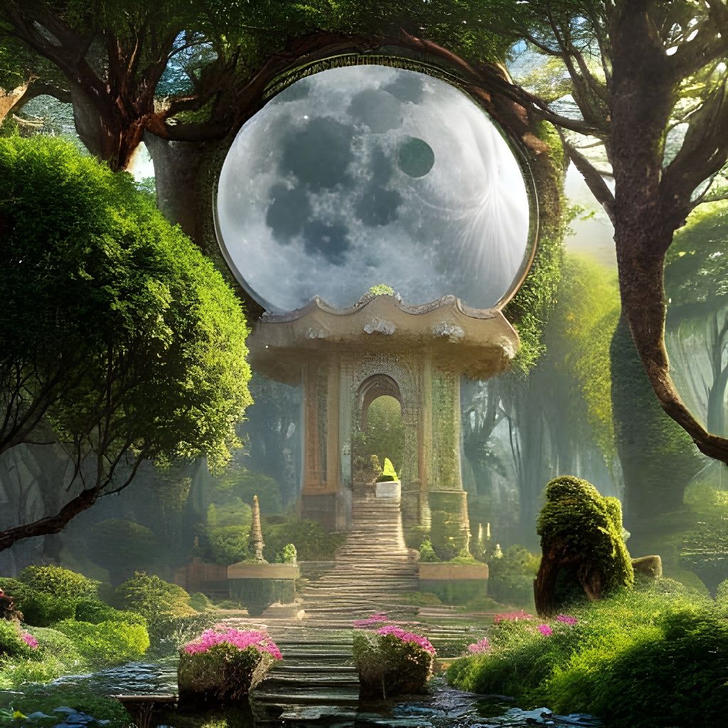 Elven Garden with Moonlit Fountain in Digital Art Style