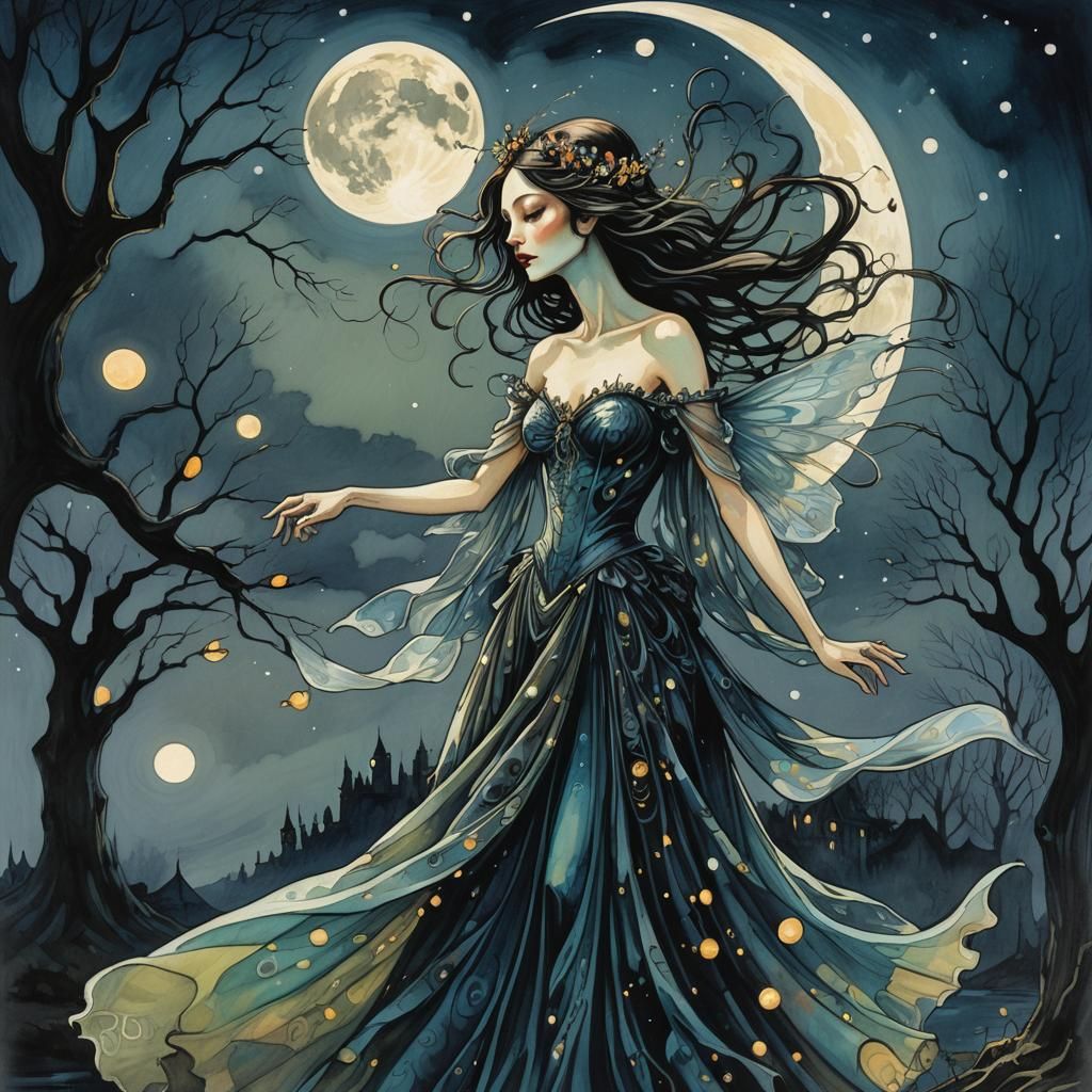 Fairy Spinning Under Moonlight: Surreal Marker Illustration