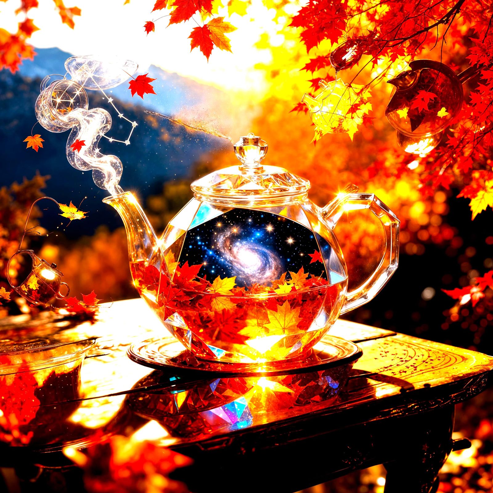 Autumn Landscape Pours from Crystal Teapot Under Starlight
