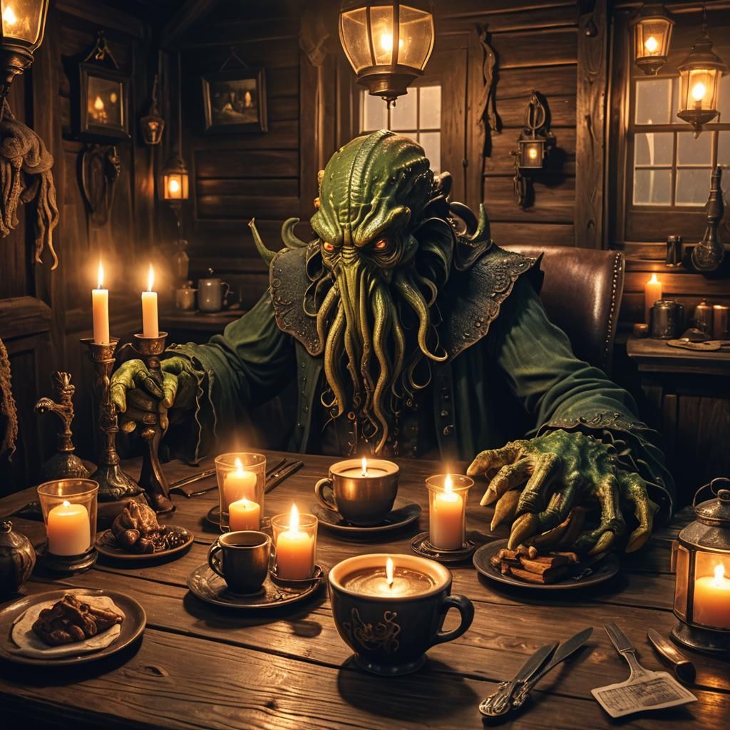 Cthulhu's Cozy Coffee Break in Rustic Cabin