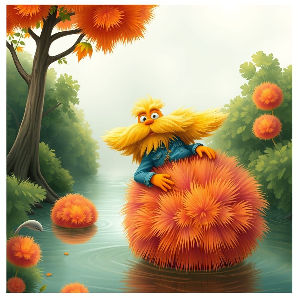 Lorax Swimming on Truffula Tree, Seuss Style