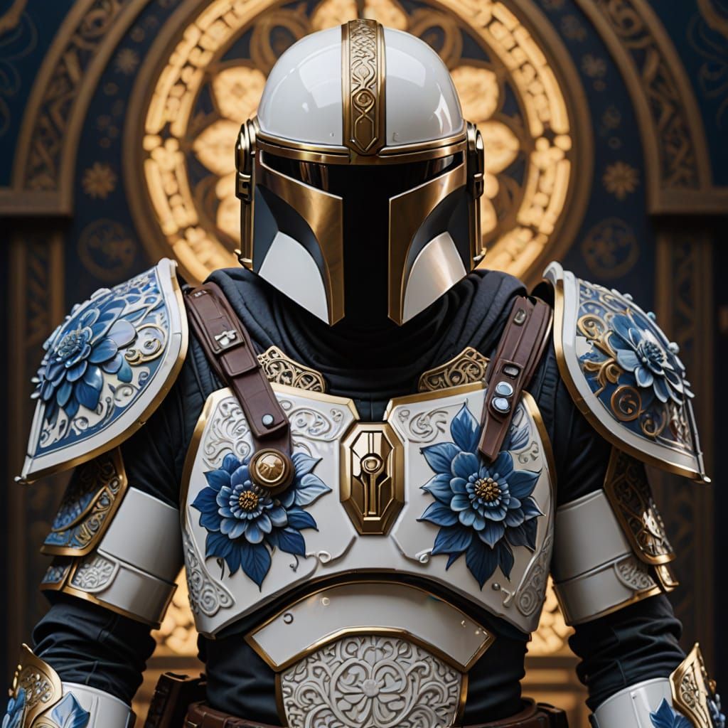 Ornate Mandalorian Armor in Porcelain and Gold