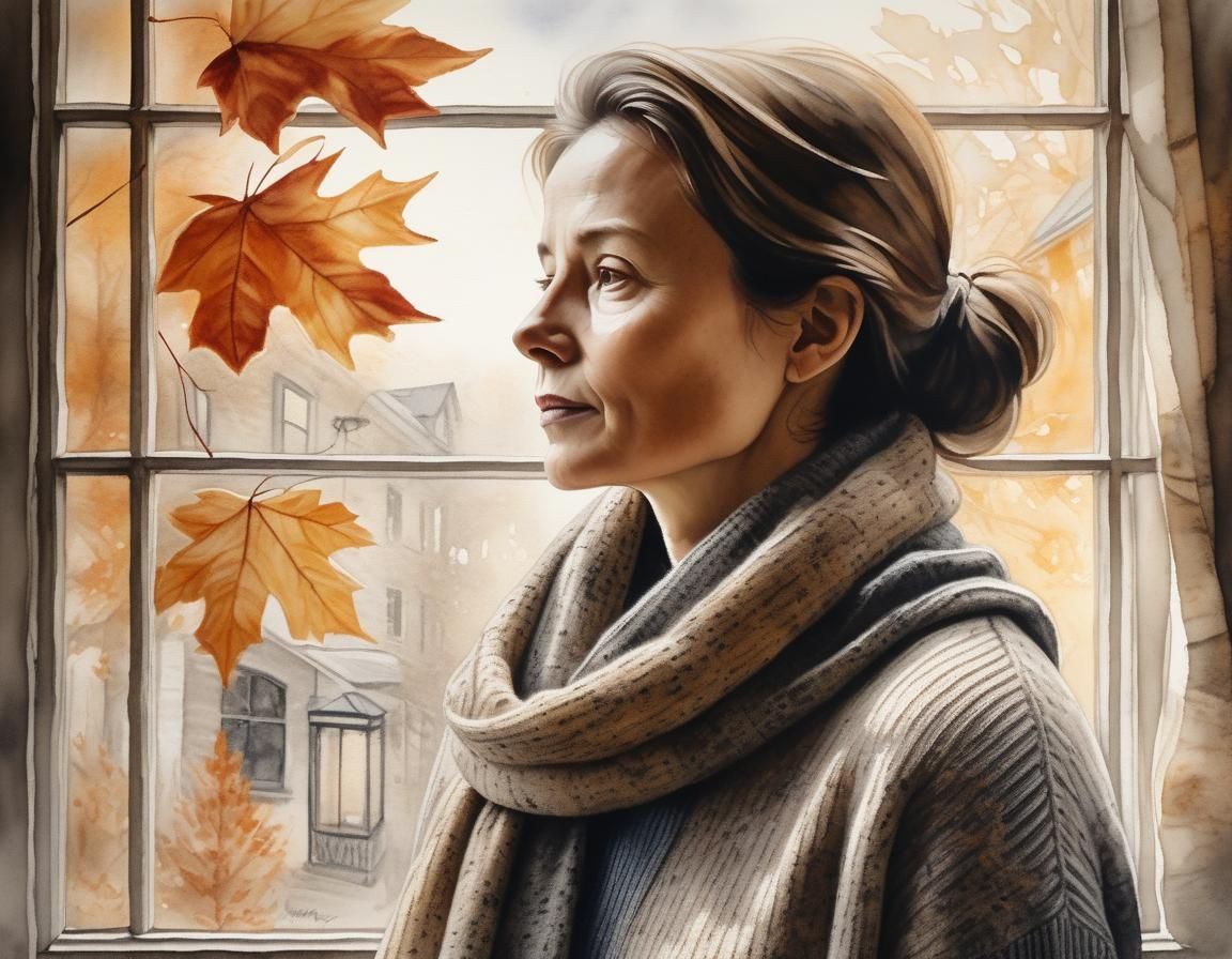 Woman Gazing at Autumn Leaves: Romantic Realism Oil Painting