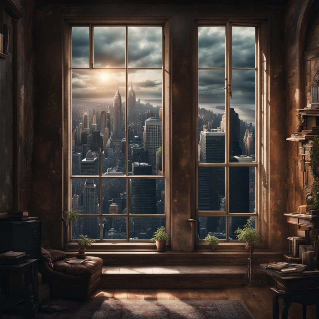 Epic Cityscape View Through Window