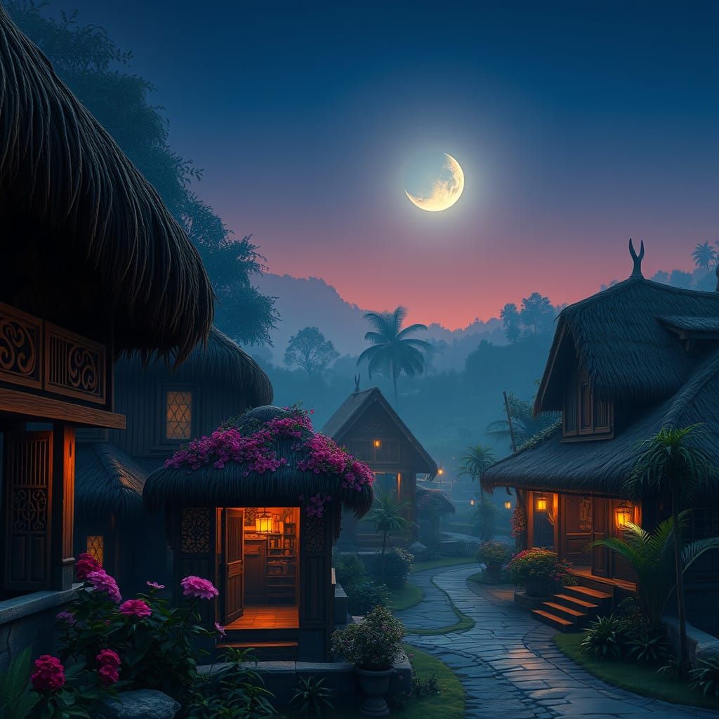 Whimsical Indian Village Under Moonlit Skies