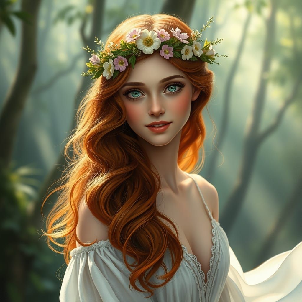 Ethereal Woman with Flower Crown in Dreamlike Forest