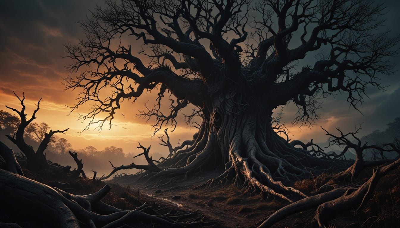 Ancient Tree Entrance at Sunset in Dark Fantasy Landscape