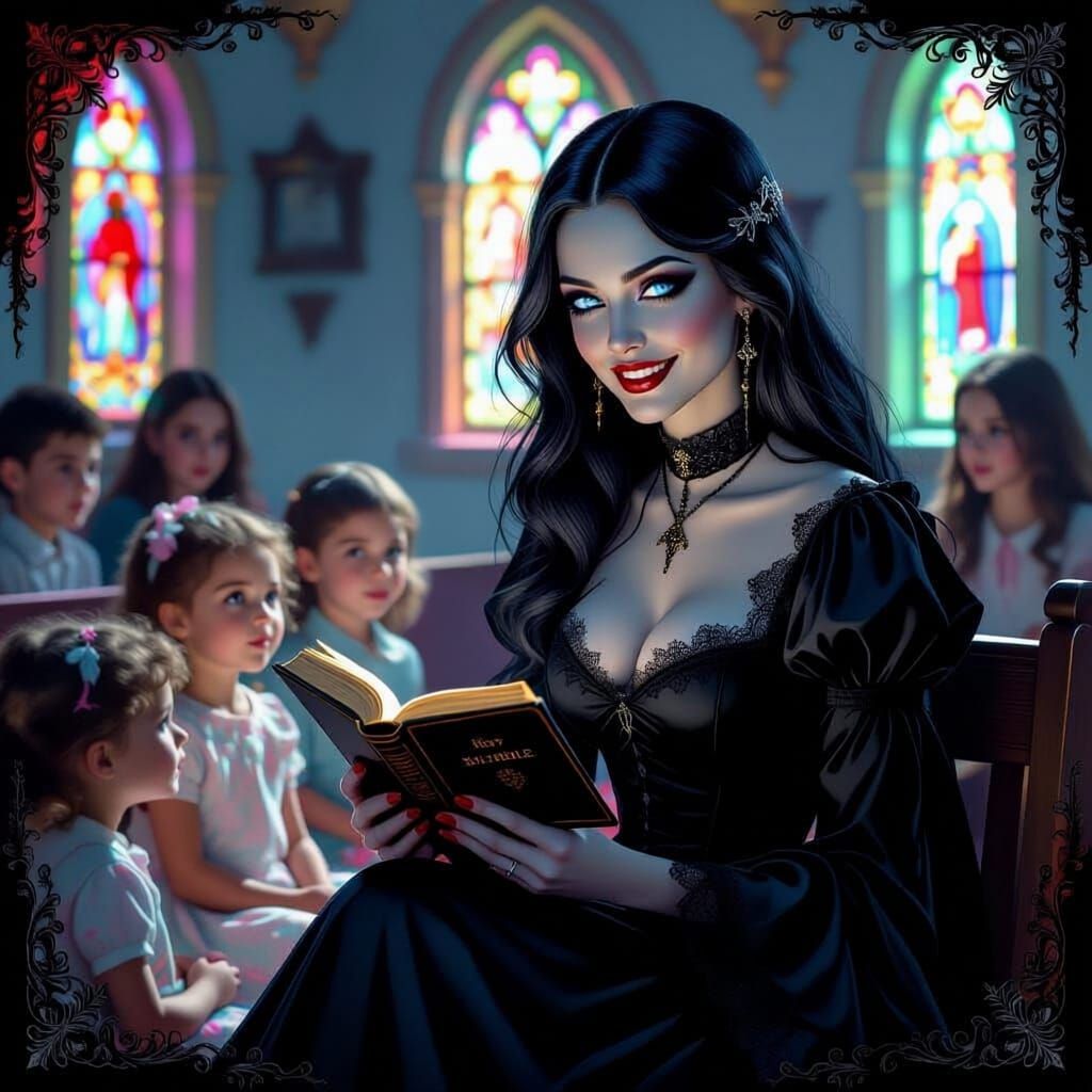 Gothic Woman Teaches Children Bible Stories in Sunlit Church