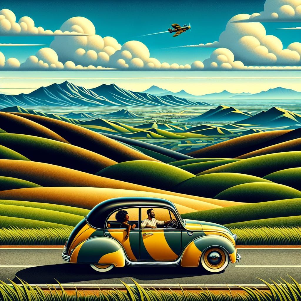 Vibrant Car Cruises Scenic Road with Passengers