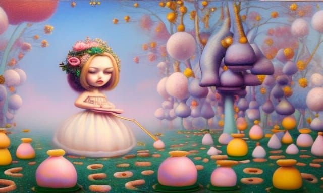 Alice in Donut Land: Pastel Surrealist Oil Painting
